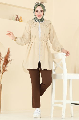 moda selvim Bebe Yaka Tesettür Tunik 228ASN888 Bej - Thumbnail