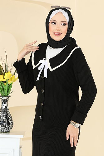 moda selvim Bebe Yaka Triko Takım 1434MT581 Siyah - Thumbnail