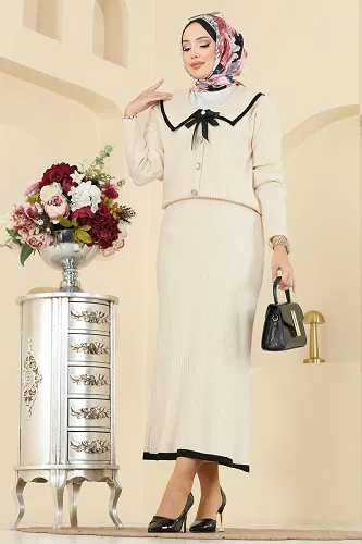 moda selvim Bebe Yaka Triko Takım 1434MT581 Taş - Thumbnail