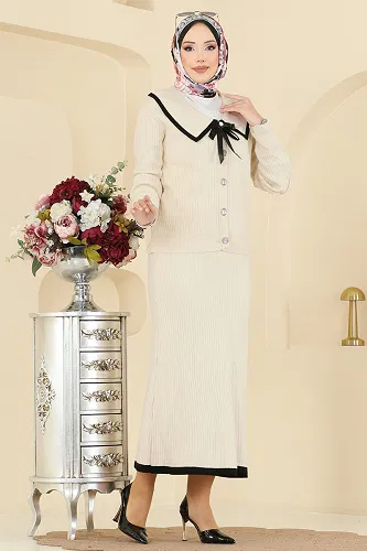 moda selvim Bebe Yaka Triko Takım 1434MT581 Taş - Thumbnail