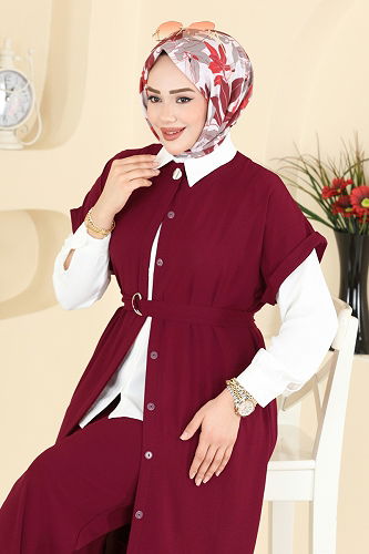 moda selvim Belden Bağcıklı Gömlek Takım 3274HBS856 Bordo - Thumbnail