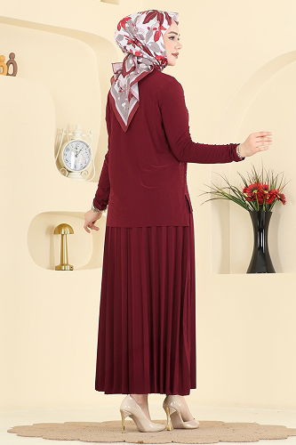 moda selvim Belden Bağcıklı Gömlek Takım 3274HBS856 Bordo - Thumbnail