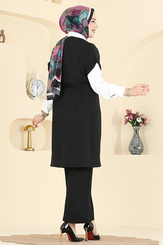 moda selvim Belden Bağcıklı Gömlek Takım 3274HBS856 Siyah - Thumbnail