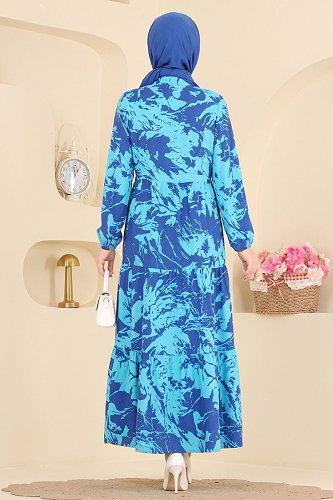 moda selvim Belden Bağcıklı Uzun Elbise 202NZRK1200 Turkuaz - Thumbnail