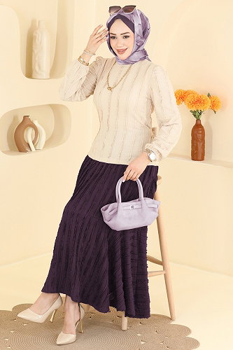 moda selvim Belden Bağlamalı 2 li Takım 836PM271 Taş&Mürdüm - Thumbnail