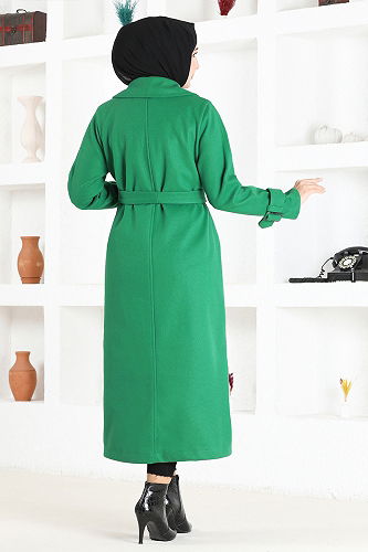 moda selvim Belden Bağlamalı Kaşe Kaban MSL5960-M Yeşil - Thumbnail