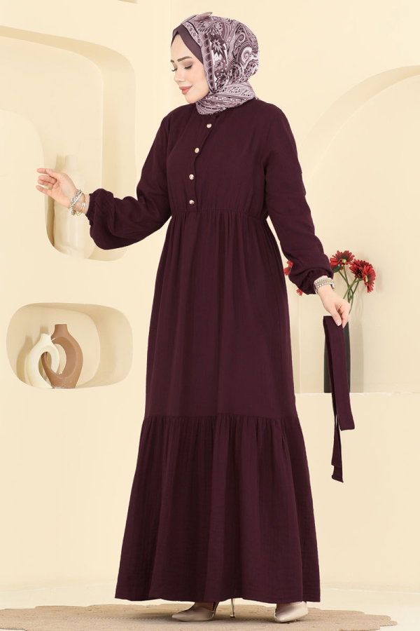 Modaselvim Elbise Belden Bağlamalı Müslin Elbise 002NZA1199 Koyu Bordo