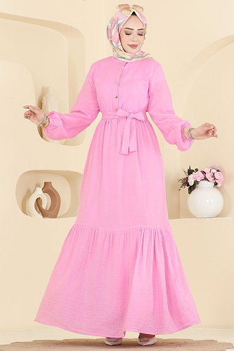 moda selvim Belden Bağlamalı Müslin Elbise 002NZA1199 Şeker Pembe - Thumbnail