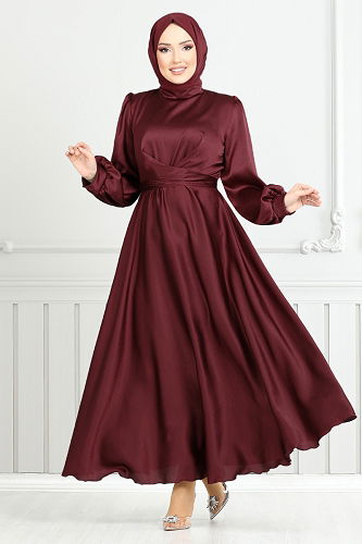 moda selvim Belden Bağlamalı Saten Abiye 5665END900-M Bordo - Thumbnail
