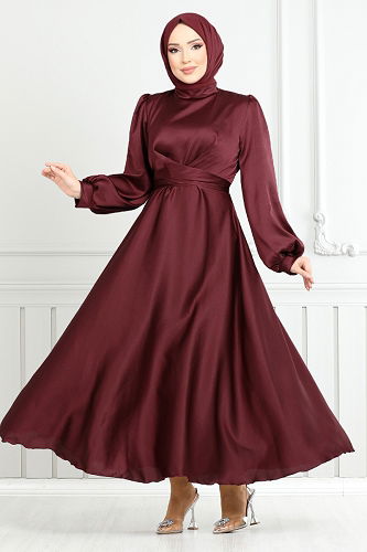 moda selvim Belden Bağlamalı Saten Abiye 5665END900-M Bordo - Thumbnail