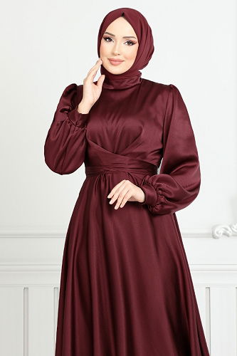 moda selvim Belden Bağlamalı Saten Abiye 5665END900-M Bordo - Thumbnail