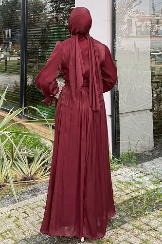 moda selvim Belden Bağlamalı Şık Abiye 4604ALGK1170 Bordo - Thumbnail