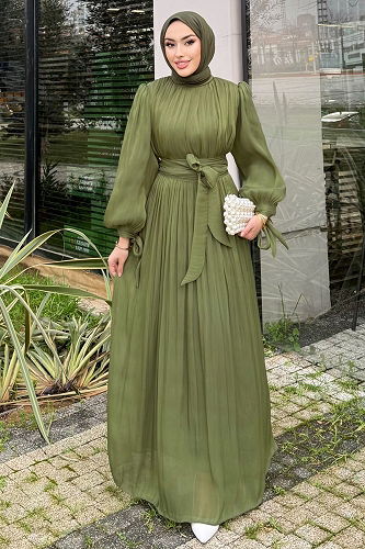 moda selvim Belden Bağlamalı Şık Abiye 4604ALGK1170 Haki - Thumbnail