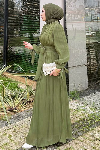 moda selvim Belden Bağlamalı Şık Abiye 4604ALGK1170 Haki - Thumbnail