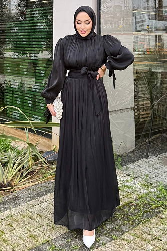 moda selvim Belden Bağlamalı Şık Abiye 4604ALGK1170 Siyah - Thumbnail