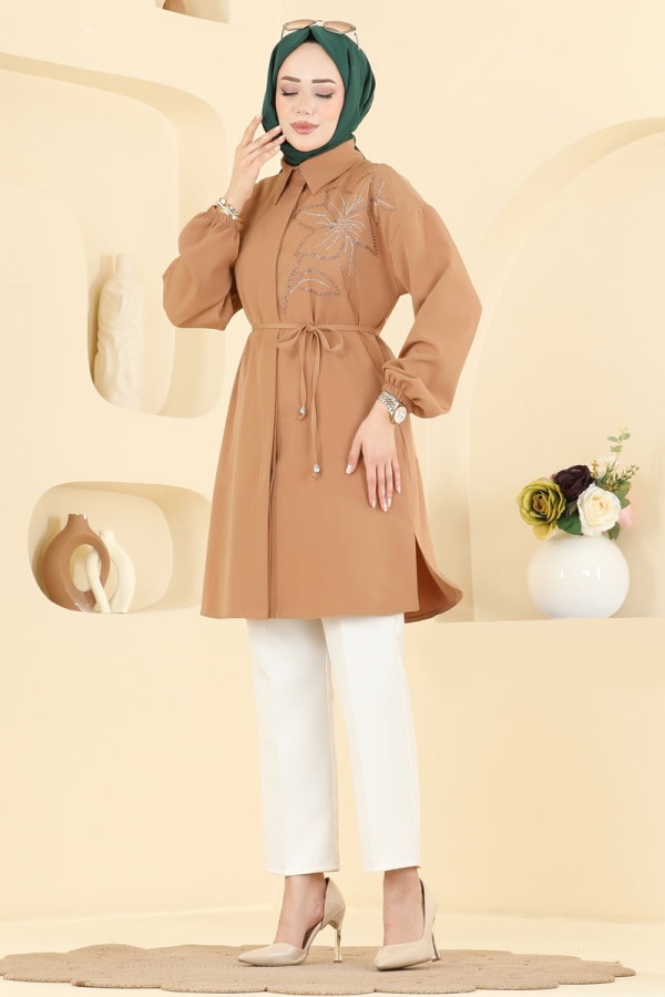 Modaselvim Tunik Belden Bağlamalı Şık Tunik 2898SLK540 Bisküvi