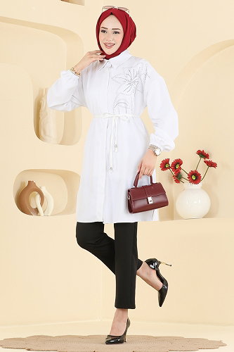 moda selvim Belden Bağlamalı Şık Tunik 2898SLK540 Ekru - Thumbnail