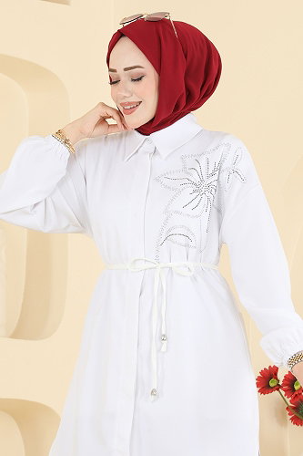 moda selvim Belden Bağlamalı Şık Tunik 2898SLK540 Ekru - Thumbnail