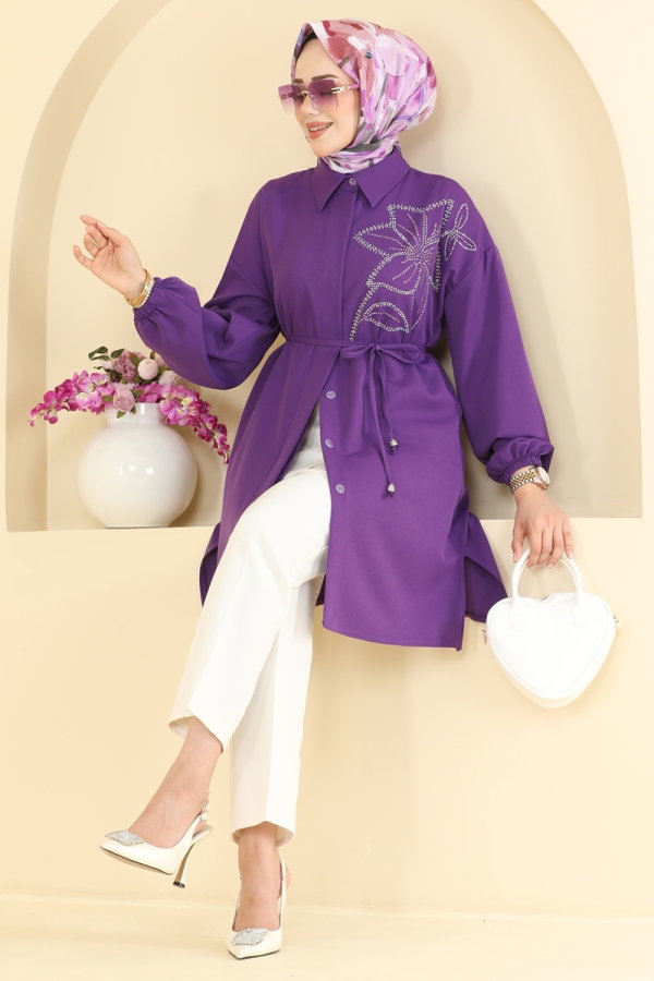 Modaselvim Tunik Belden Bağlamalı Şık Tunik 2898SLK540 Mor
