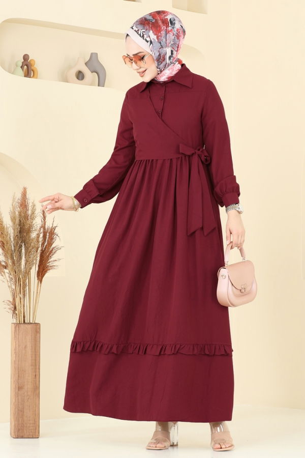 Modaselvim Elbise Belden Bağlamalı Tesettür Elbise 6205BSK463 Bordo