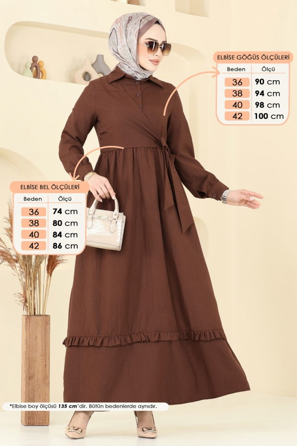 Modaselvim Elbise Belden Bağlamalı Tesettür Elbise 6205BSK463 Kahve
