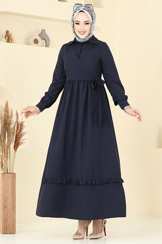 moda selvim Belden Bağlamalı Tesettür Elbise 6205BSK463 Laci - Thumbnail