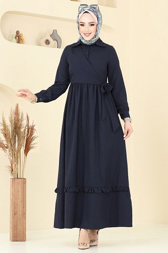 moda selvim Belden Bağlamalı Tesettür Elbise 6205BSK463 Laci - Thumbnail