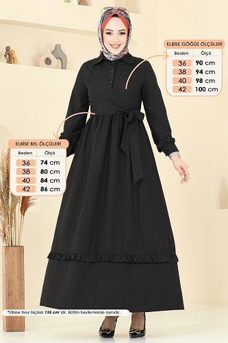 moda selvim Belden Bağlamalı Tesettür Elbise 6205BSK463 Siyah - Thumbnail