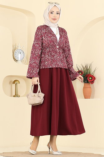 moda selvim Belden Büzgülü 2 li Takım 8062TEG847 Bordo - Thumbnail