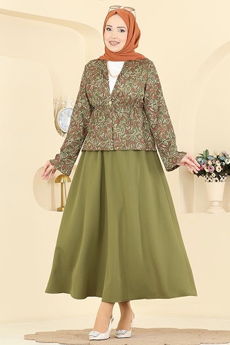 moda selvim Belden Büzgülü 2 li Takım 8062TEG847 Haki - Thumbnail