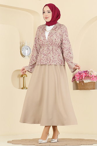 moda selvim Belden Büzgülü 2 li Takım 8062TEG847 Taş - Thumbnail