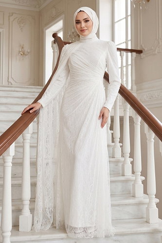 moda selvim Belden Büzgülü Nikah Elbisesi 5659DMNK1166 Ekru - Thumbnail