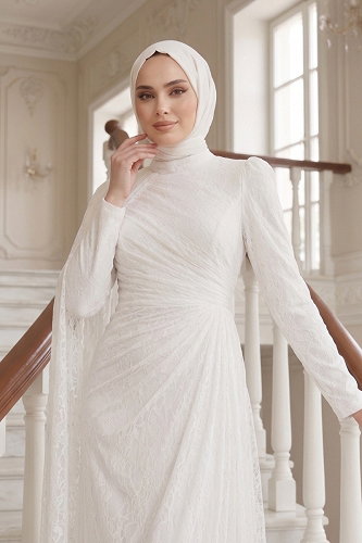 moda selvim Belden Büzgülü Nikah Elbisesi 5659DMNK1166 Ekru - Thumbnail