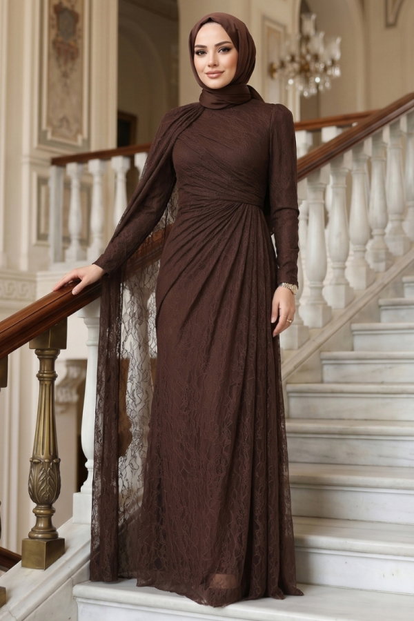 Modaselvim ABİYE Belden Büzgülü Pelerinli Abiye 5659DMNK1166 Kahve