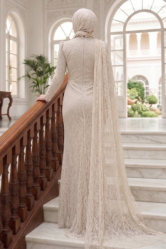 moda selvim Belden Büzgülü Pelerinli Abiye 5659DMNK1166 Krem - Thumbnail