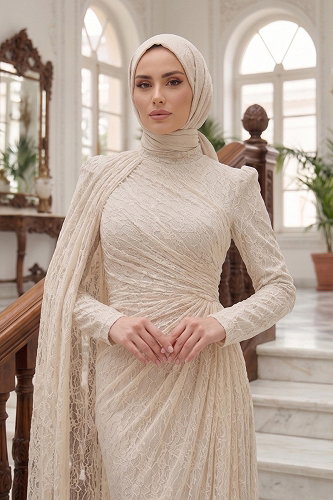 moda selvim Belden Büzgülü Pelerinli Abiye 5659DMNK1166 Krem - Thumbnail