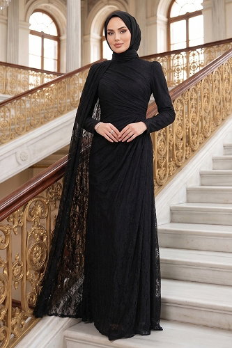 moda selvim Belden Büzgülü Pelerinli Abiye 5659DMNK1166 Siyah - Thumbnail