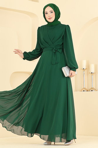 moda selvim Belden Kemerli Şifon Abiye 5824EDFK1198 Açık Zümrüt - Thumbnail