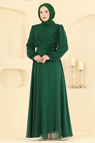 moda selvim Belden Kemerli Şifon Abiye 5824EDFK1198 Açık Zümrüt - Thumbnail