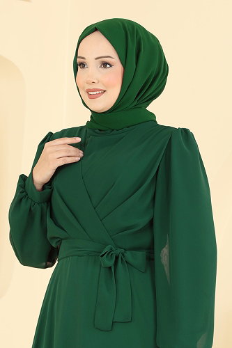 moda selvim Belden Kemerli Şifon Abiye 5824EDFK1198 Açık Zümrüt - Thumbnail