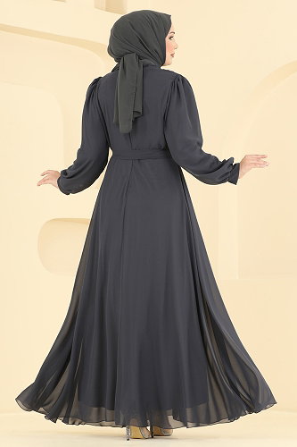 moda selvim Belden Kemerli Şifon Abiye 5824EDFK1198 Antrasit - Thumbnail