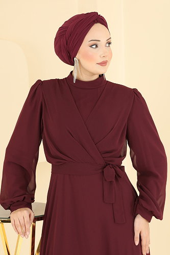 moda selvim Belden Kemerli Şifon Abiye 5824EDFK1198 Bordo - Thumbnail