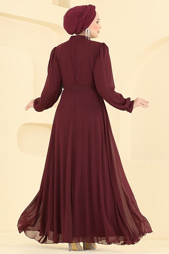 moda selvim Belden Kemerli Şifon Abiye 5824EDFK1198 Bordo - Thumbnail