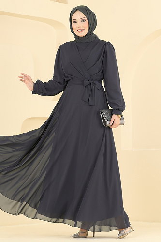 moda selvim Belden Kemerli Şifon Abiye 5824EDFK1198 Koyu Antrasit - Thumbnail