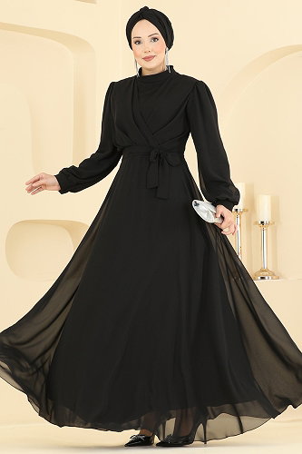 moda selvim Belden Kemerli Şifon Abiye 5824EDFK1198 Siyah - Thumbnail