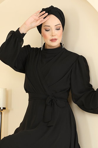 moda selvim Belden Kemerli Şifon Abiye 5824EDFK1198 Siyah - Thumbnail