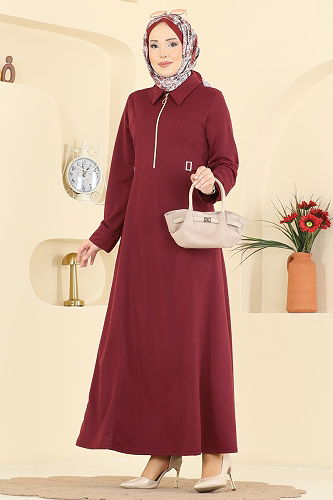 moda selvim Belden Toka Detaylı Elbise PL9216 Bordo - Thumbnail