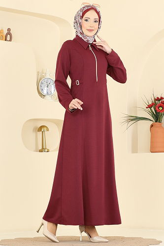 moda selvim Belden Toka Detaylı Elbise PL9216 Bordo - Thumbnail