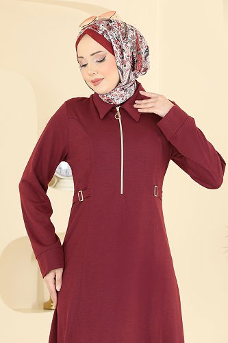 moda selvim Belden Toka Detaylı Elbise PL9216 Bordo - Thumbnail