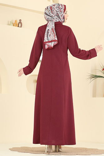 moda selvim Belden Toka Detaylı Elbise PL9216 Bordo - Thumbnail